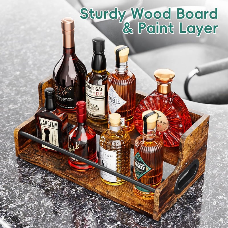 KLM Liquor Bottle Display Shelf, Coffee Syrup Rack Organizer, 2 Step Countertop Liquor Wine Rack, mini bar,Liquor Cabinet, Home Retro Bar Shelf Stand for Liquor Whiskey, Spirits, Brown - Image 5